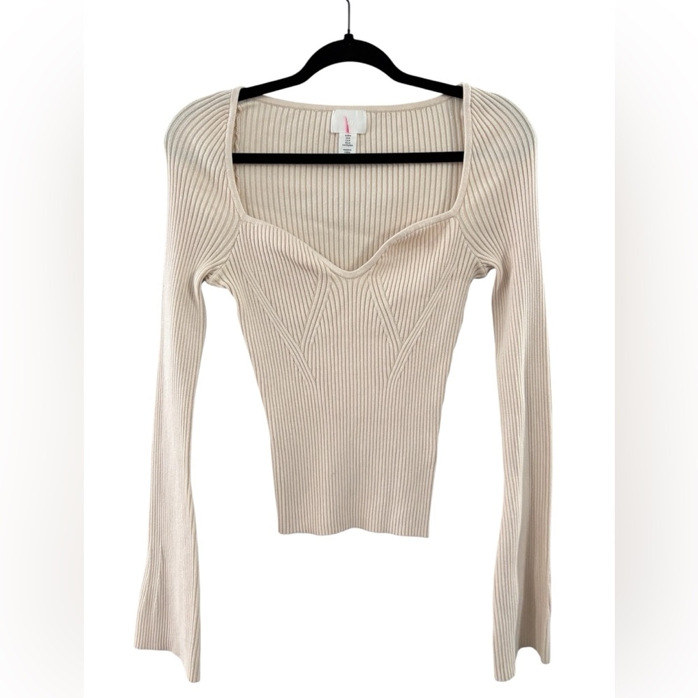 H&M Ribbed Sweetheart Neckline Knit Sweater Bone Cream Medium Long Sleeve